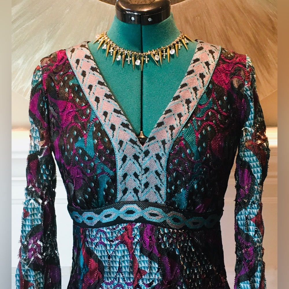 HALE BOB long-sleeve V-neck blue purple midi dress Lace Geometric Stretch Jewel - Picture 3 of 11